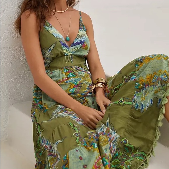 Anthropologie Barok Paris Sleeveless V-Neck Tiered Dress Green - Picture 2 of 10